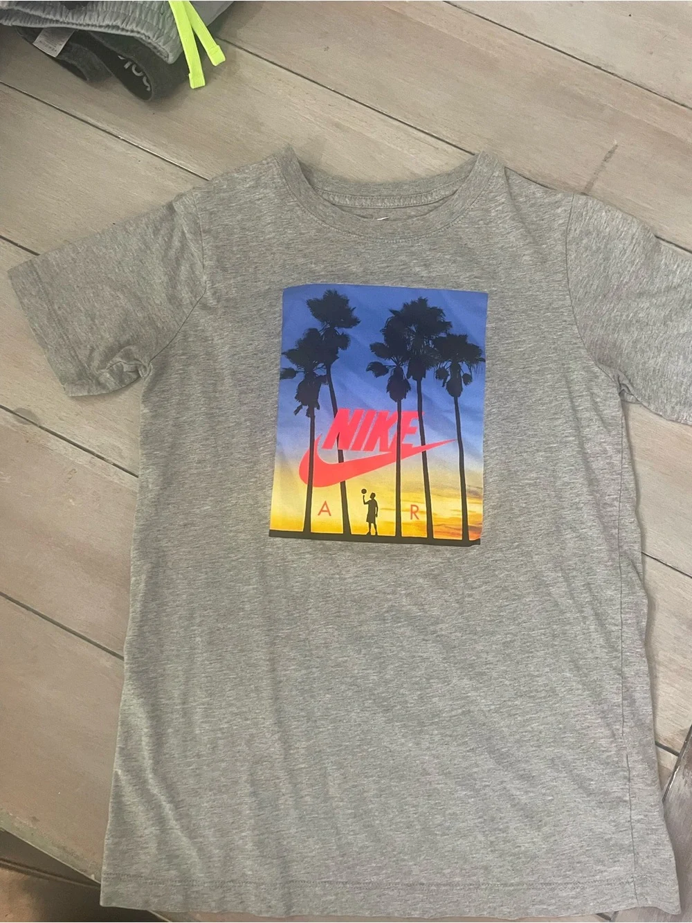 Nike Grey Kids Tee with Sunset Palm Graphic and Pink Logo